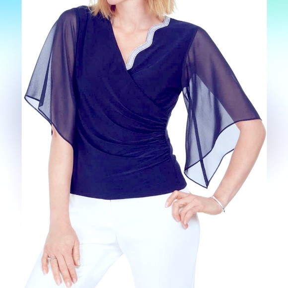 MSK Tops - COPY- MSK Embellished Chiffon Sleeve Top Rhinestone Faux Wrap Surplice Blouse